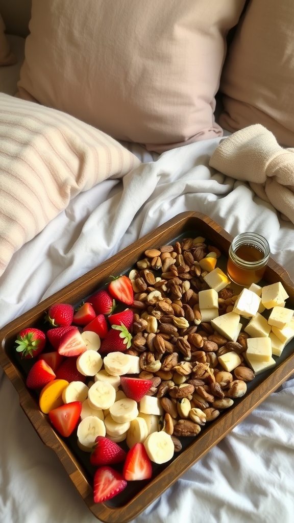A snack tray with fruits, nuts, and cheese on a bed, creating a cozy environment.